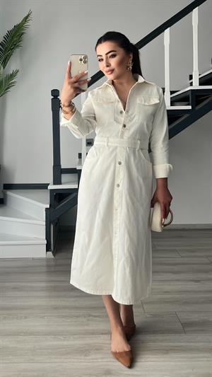 Off-white button-down belted denim dress