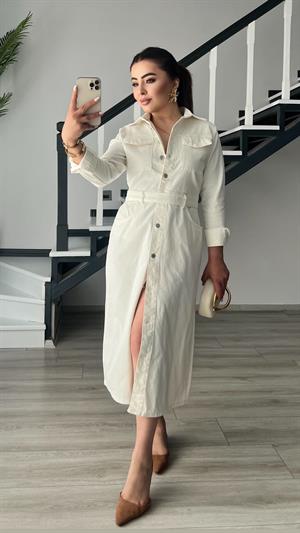 Off-white button-down belted denim dress