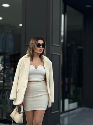 Ekru Çift Cepli Düğmeli Alpaka Ceket