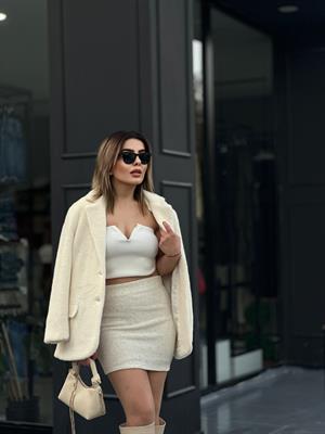 Ekru Çift Cepli Düğmeli Alpaka Ceket