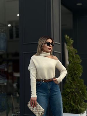 Ekru Düşük Omuz Çıkarılabilir Boyunluklu Triko  