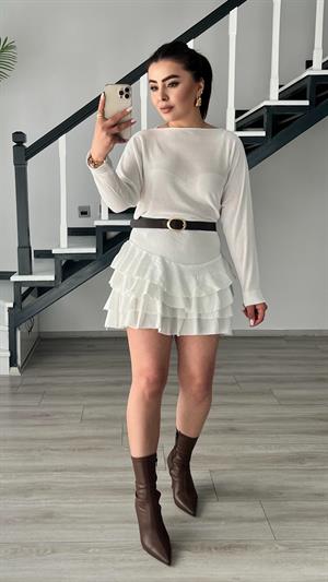 Ekru Fırfırlı Mini Etek