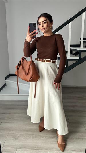 Ekru Gabardin Kendinden Kemerli Çan Etek 