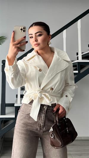Ekru Gabardin Kuşaklı Trençkot