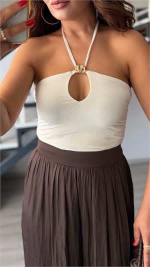Ecru Gold Accessory Detail Halter Neck Blouse