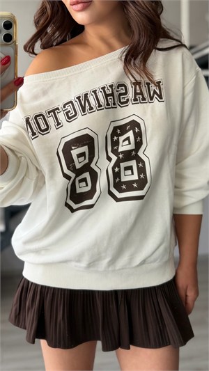 Ecru-Brown Printed Off-Shoulder Sweatshirt