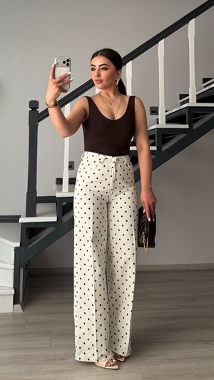 Ekru-Kahve Puantiyeli Wide Leg Jean