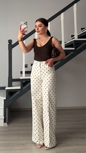 Ekru-Kahve Puantiyeli Wide Leg Jean