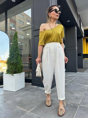 Ekru Kapak Cep Bel Düğme Detay Pantolon