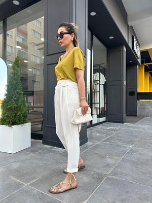 Ekru Kapak Cep Bel Düğme Detay Pantolon