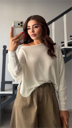 Ecru Boat Neck Waist Slit Blouse