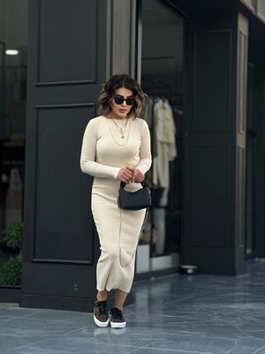 Ekru Kayık Yaka İnce Fitilli Elbise 