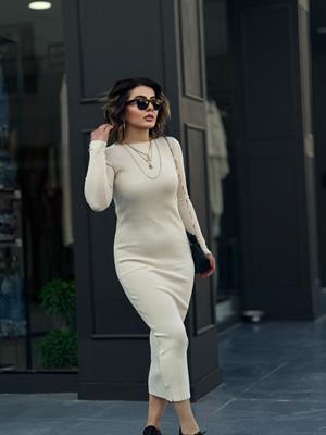 Ekru Kayık Yaka İnce Fitilli Elbise 