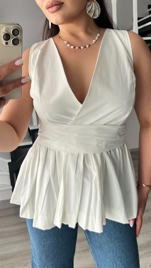 Ekru Kuşaklı Poplin Bluz