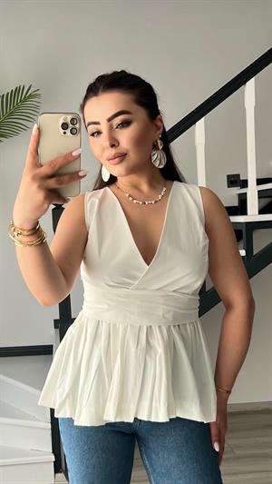 Ekru Kuşaklı Poplin Bluz