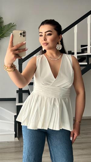 Ekru Kuşaklı Poplin Bluz