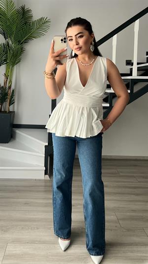 Ekru Kuşaklı Poplin Bluz
