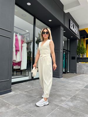Ekru Paça Düğmeli Pantolon