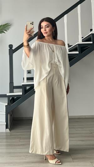Ekru Pilili Geniş Paça Pantolon