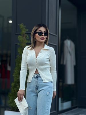 Ekru Polo Yaka Çelik Örme Düğmeli Triko Bluz 