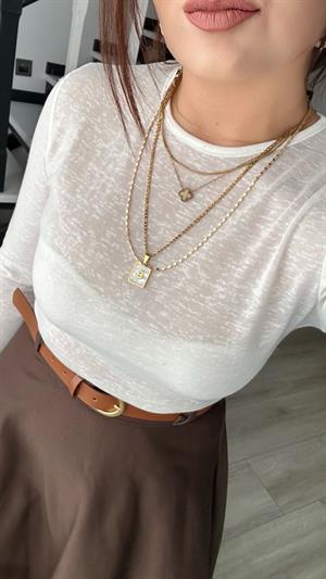 Ekru Sıfır Yaka Yarı Transparan Bluz