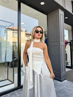 Ekru Straplez Fularlı Bluz 