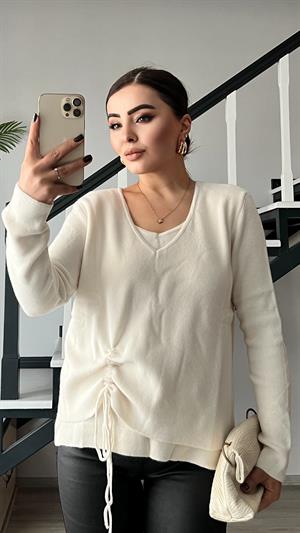 Ekru Yandan Büzgülü Kazak