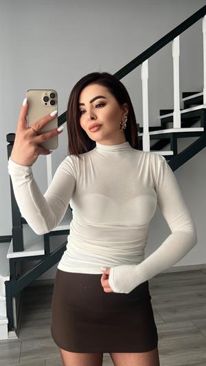 Off-white semi-transparent high-neck soft-touch blouse