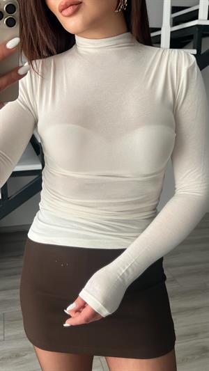 Off-white semi-transparent high-neck soft-touch blouse
