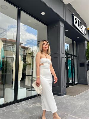 Ekru Zincir Boyun Askılı Elbise