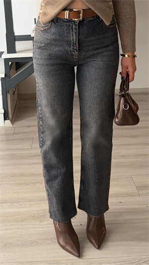 Eskitme Yıkamalı Süet Kemerli Straight Jean