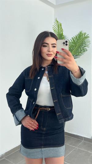Etek - Ceket Manşeti Katlamalı Denim Takım 