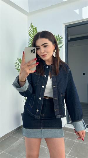 Etek - Ceket Manşeti Katlamalı Denim Takım 