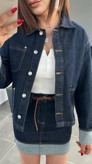 Etek - Ceket Manşeti Katlamalı Denim Takım 