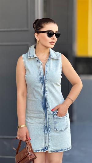 Fermuarlı Denim Elbise 