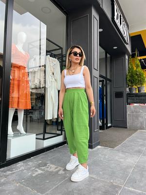 Fıstık Yeşili Beli Lastikli Piliseli Müslin Pantolon 