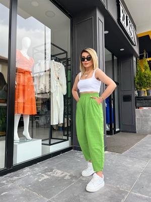 Fıstık Yeşili Beli Lastikli Piliseli Müslin Pantolon 