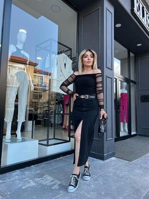 Füme Denim Midi Boy Yırtmaçlı Etek