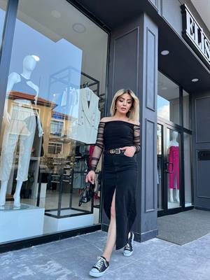 Füme Denim Midi Boy Yırtmaçlı Etek