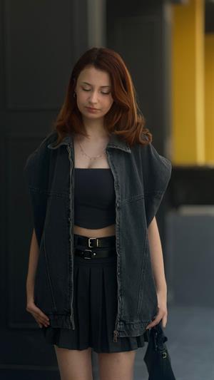 Füme Vatkalı Oversize Denim Yelek 