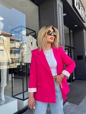 Fuşya Astarı Çizgili Atlas Kumaş Blazer Ceket