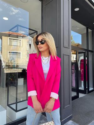 Fuşya Astarı Çizgili Atlas Kumaş Blazer Ceket