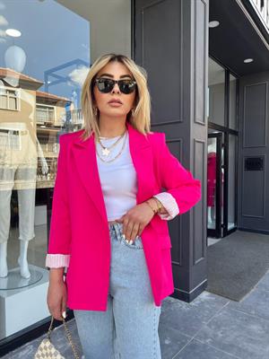 Fuşya Astarı Çizgili Atlas Kumaş Blazer Ceket