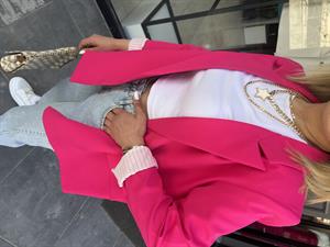 Fuşya Astarı Çizgili Atlas Kumaş Blazer Ceket