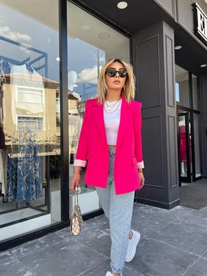 Fuşya Astarı Çizgili Atlas Kumaş Blazer Ceket