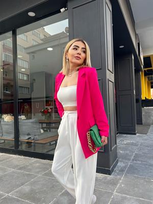 Fuşya Atlas Kumaş Tek Düğme Blazer 