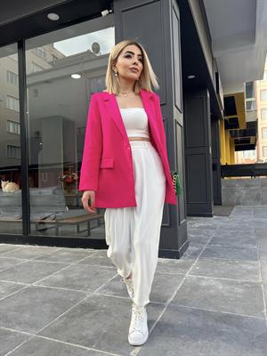 Fuşya Atlas Kumaş Tek Düğme Blazer 