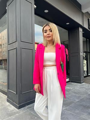 Fuşya Atlas Kumaş Tek Düğme Blazer 