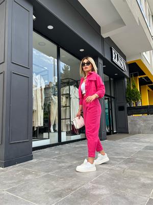 Fuşya Keten Crop Ceket-Pantolon 2li Takım