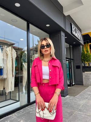 Fuşya Keten Crop Ceket-Pantolon 2li Takım